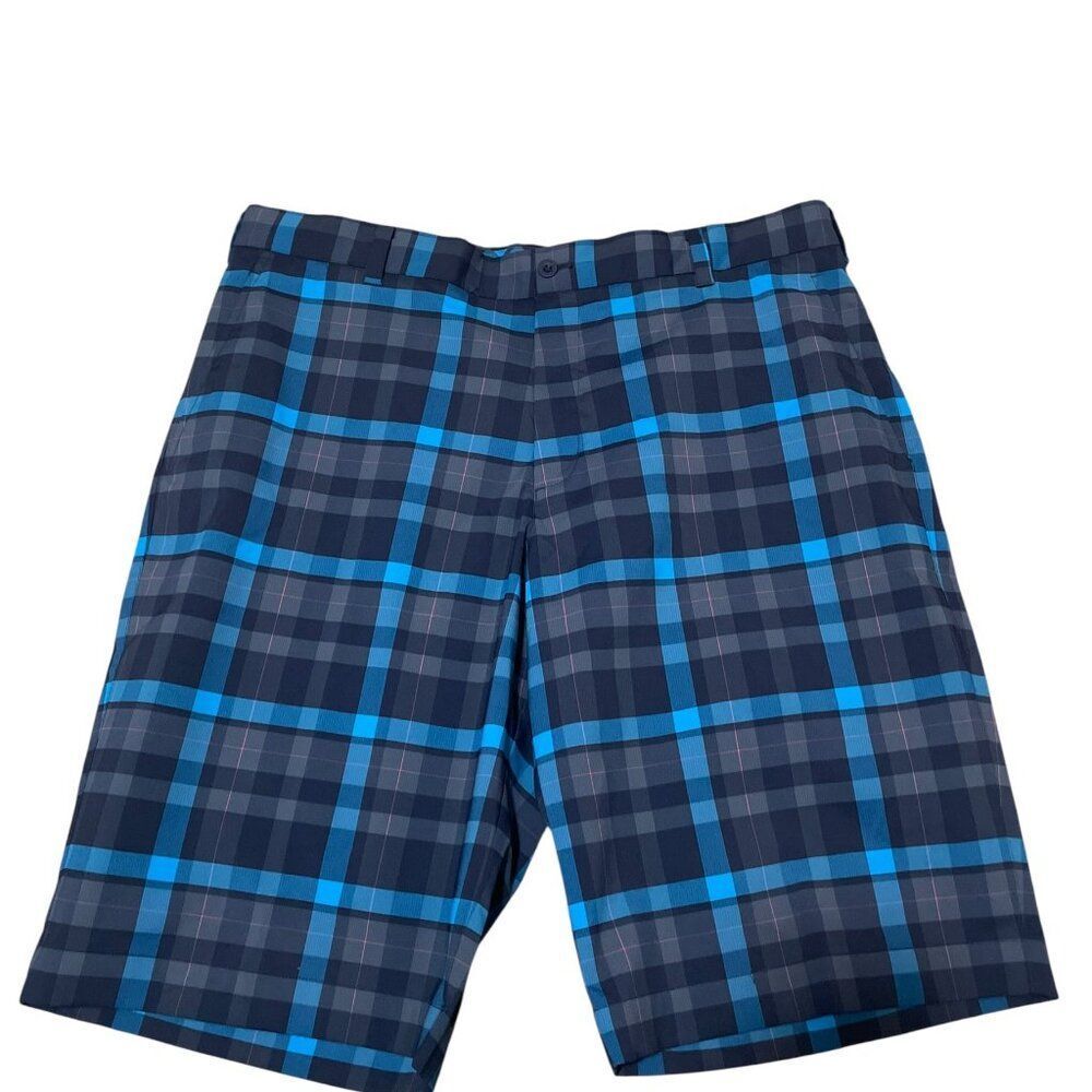 Nike Mens Golf Flat Front Tech Shorts Black Blue Plaid Sz 36 452713-419